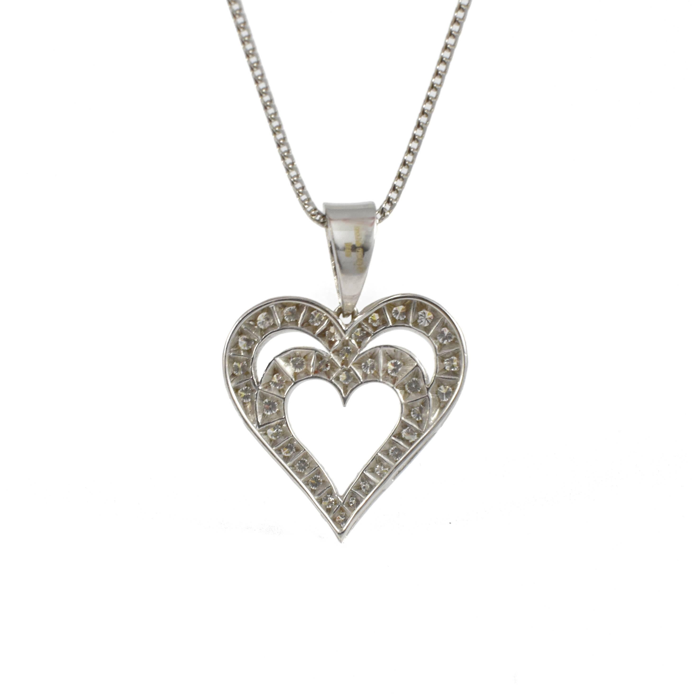 Round Cut Daou Diamond 18K White Gold Heart in Heart Pendant Necklace For Sale