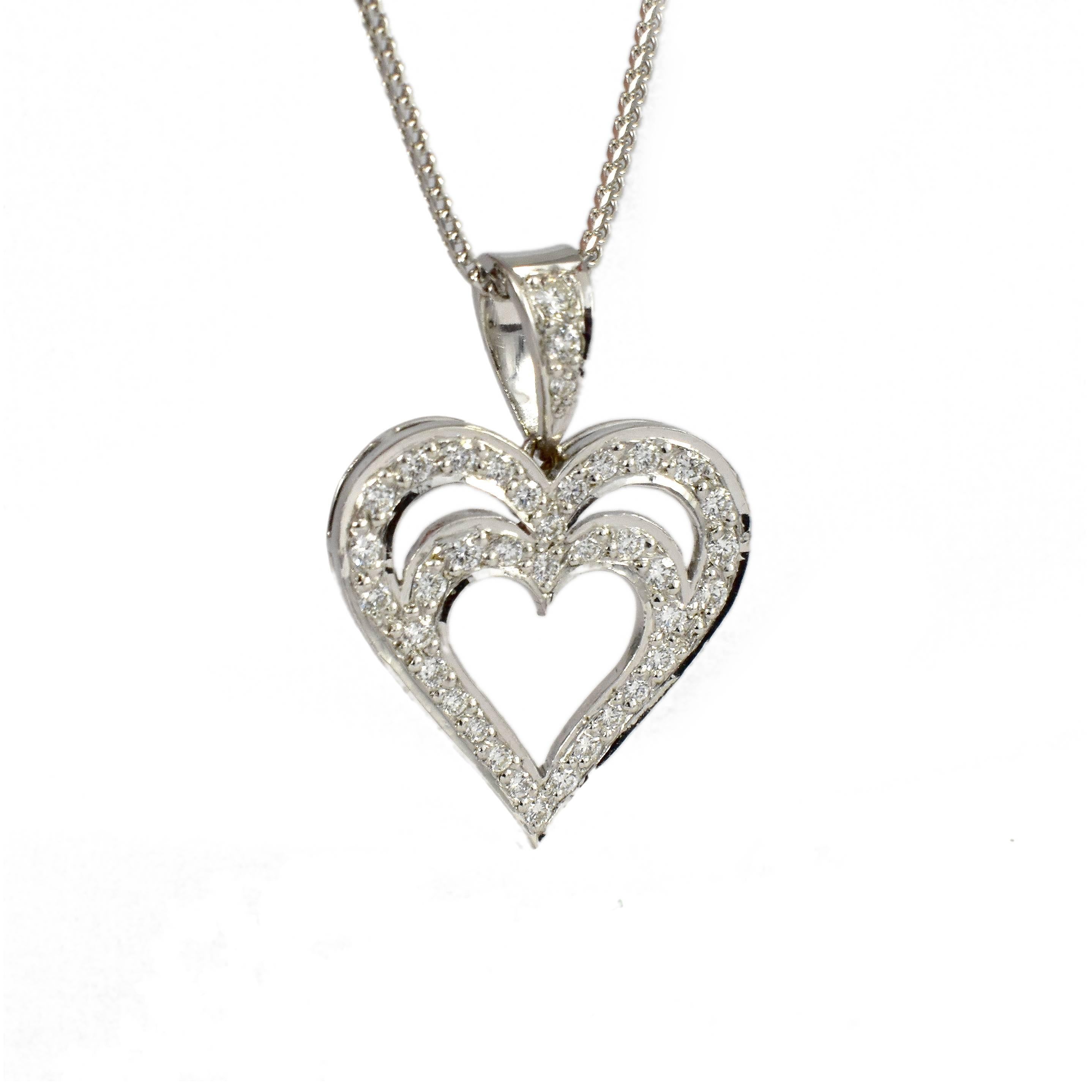 Daou Diamond 18K White Gold Heart in Heart Pendant Necklace For Sale 1