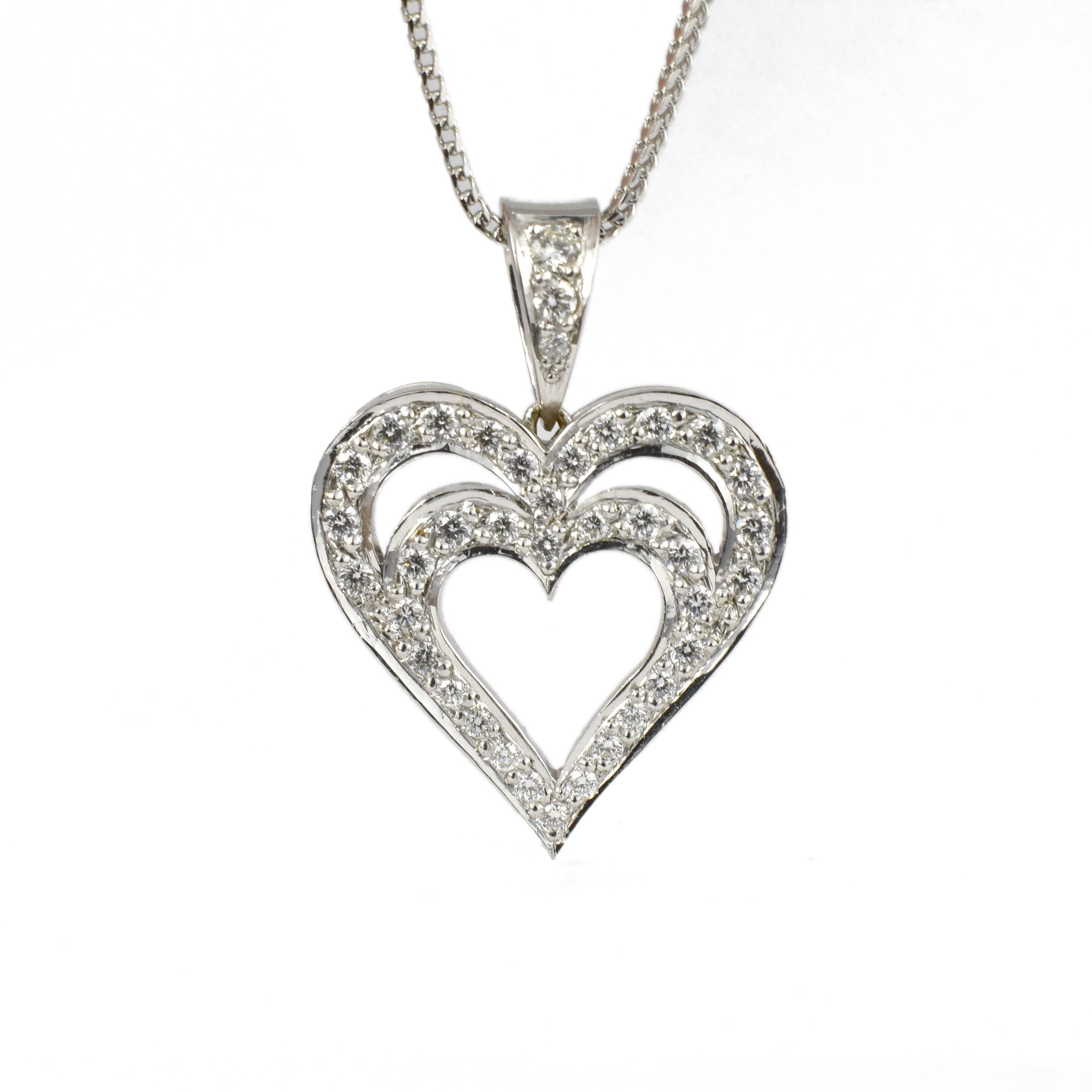 Daou Diamond 18K White Gold Heart in Heart Pendant Necklace For Sale 2