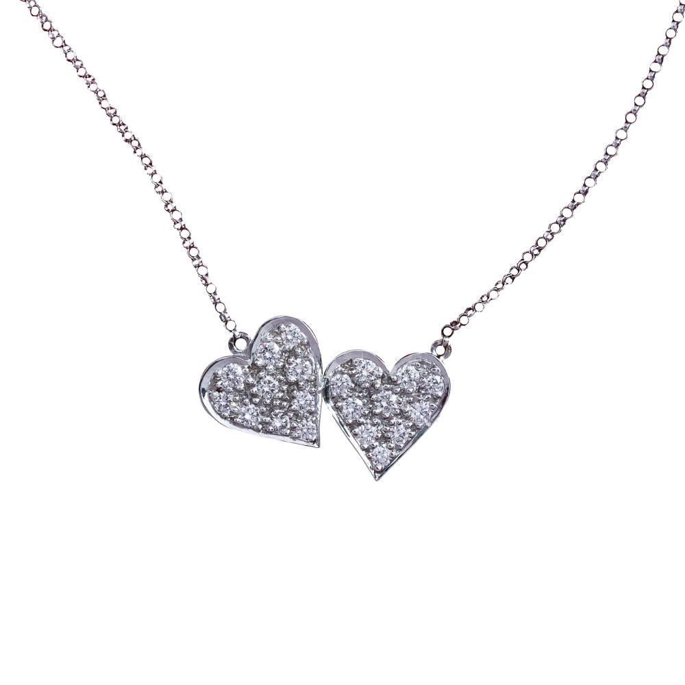 Daou Diamond 18K White Gold Side by Side Hearts Pendant Necklace For Sale