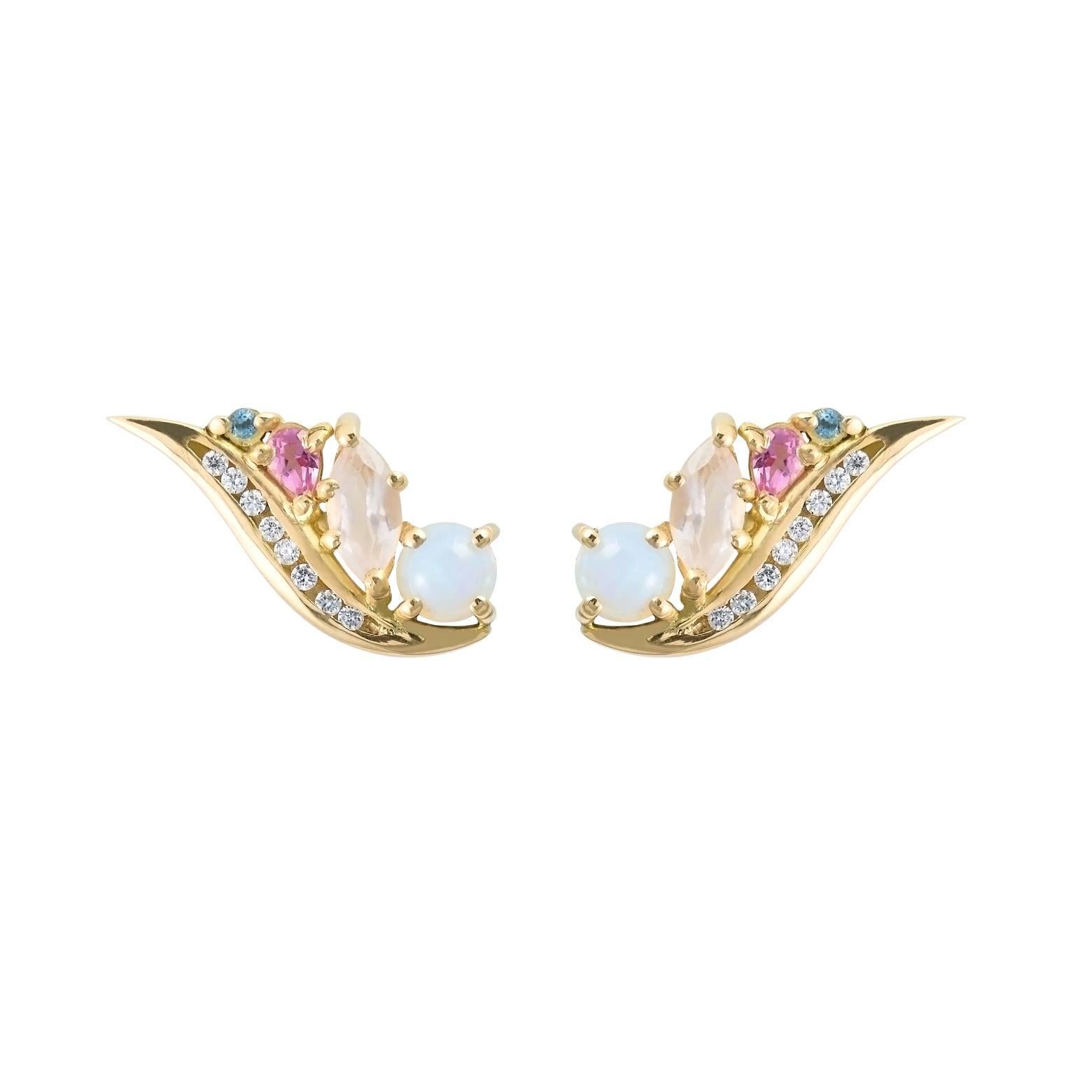 Contemporary Daou Art Nouveau Style Opal Diamond Aquamarine Gemstone Wing Feather Earrings