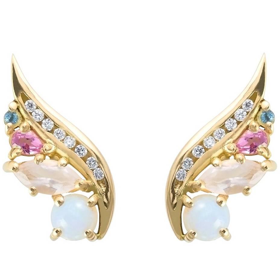 18K Art Nouveau Style Opal Diamond Aquamarine Tourmaline Phoenix Wing Earrings For Sale
