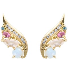 18K Art Nouveau Style Opal Diamond Aquamarine Tourmaline Phoenix Wing Earrings