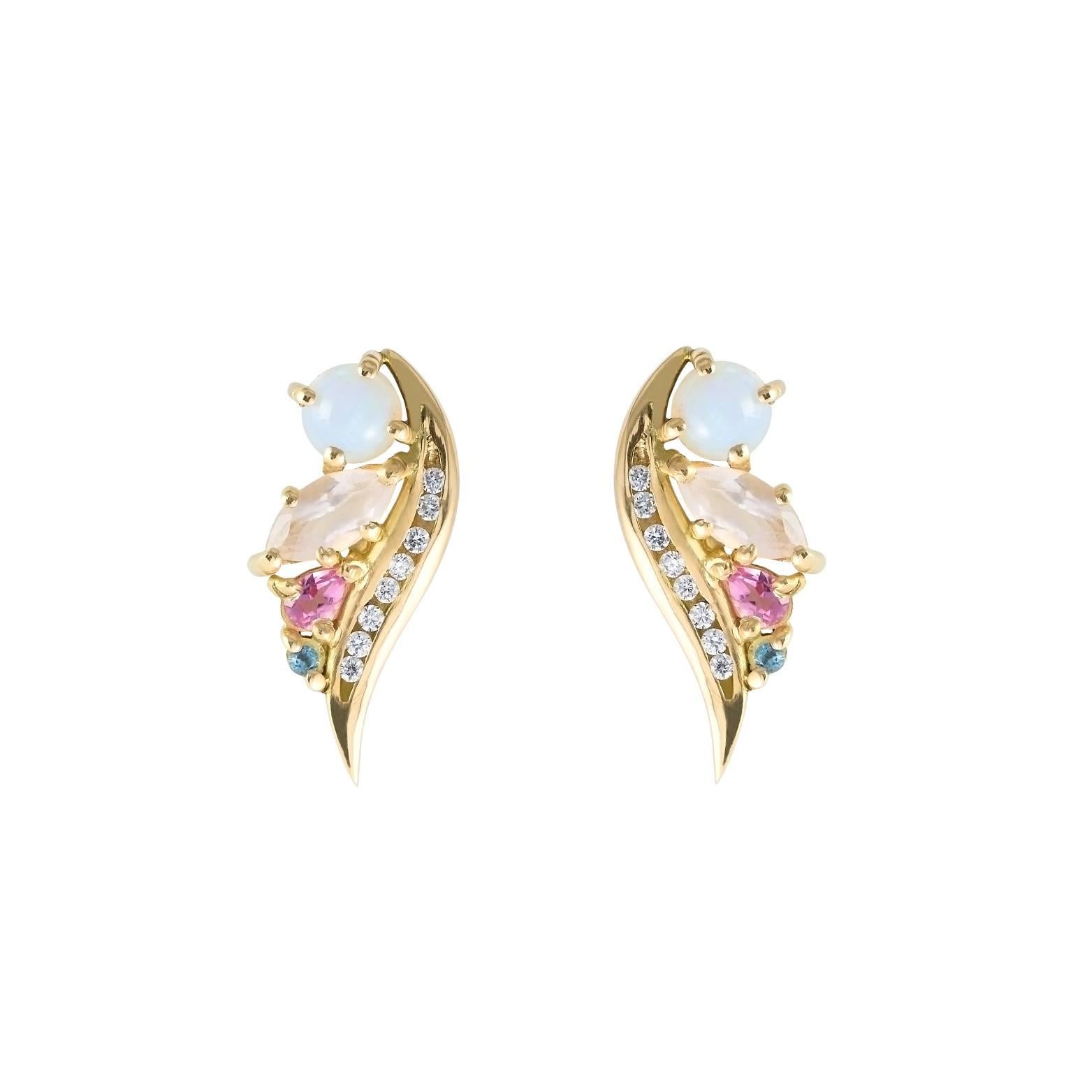 The Phoenix feather wing earrings are luminous and delightfully feminine in an Art Nouveau romantic style and pastel colour palette. Juxtaposing varied cut coloured gemstones perfectly suited in tone with a sleek feather design and sparkling