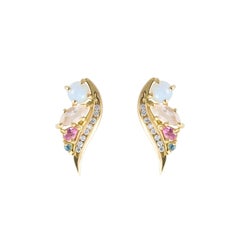 18K Art Nouveau Style Opal Diamond Aquamarine Tourmaline Phoenix Wing Earrings