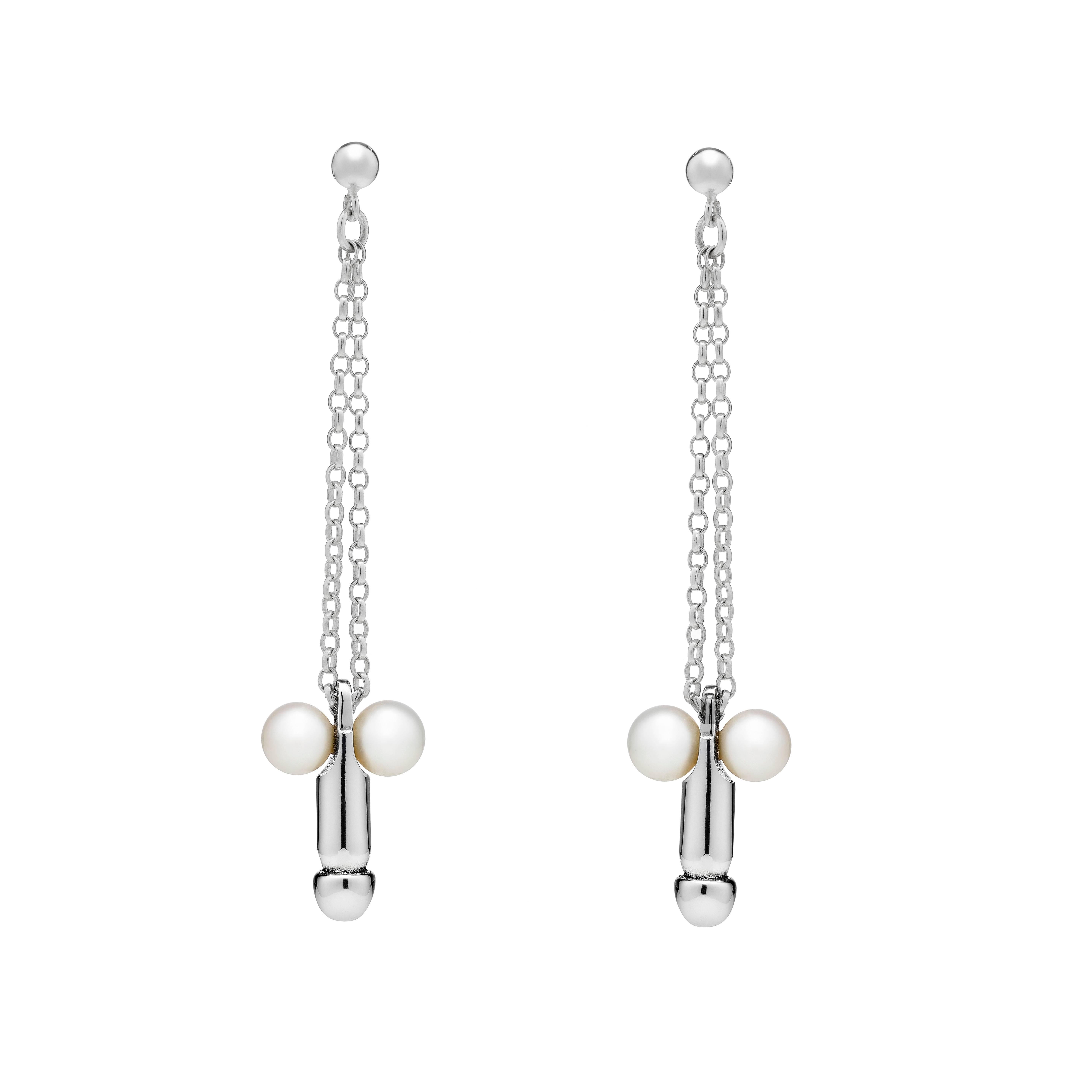 Silver Pretty Dix Pearl Drop Earrings For Sale