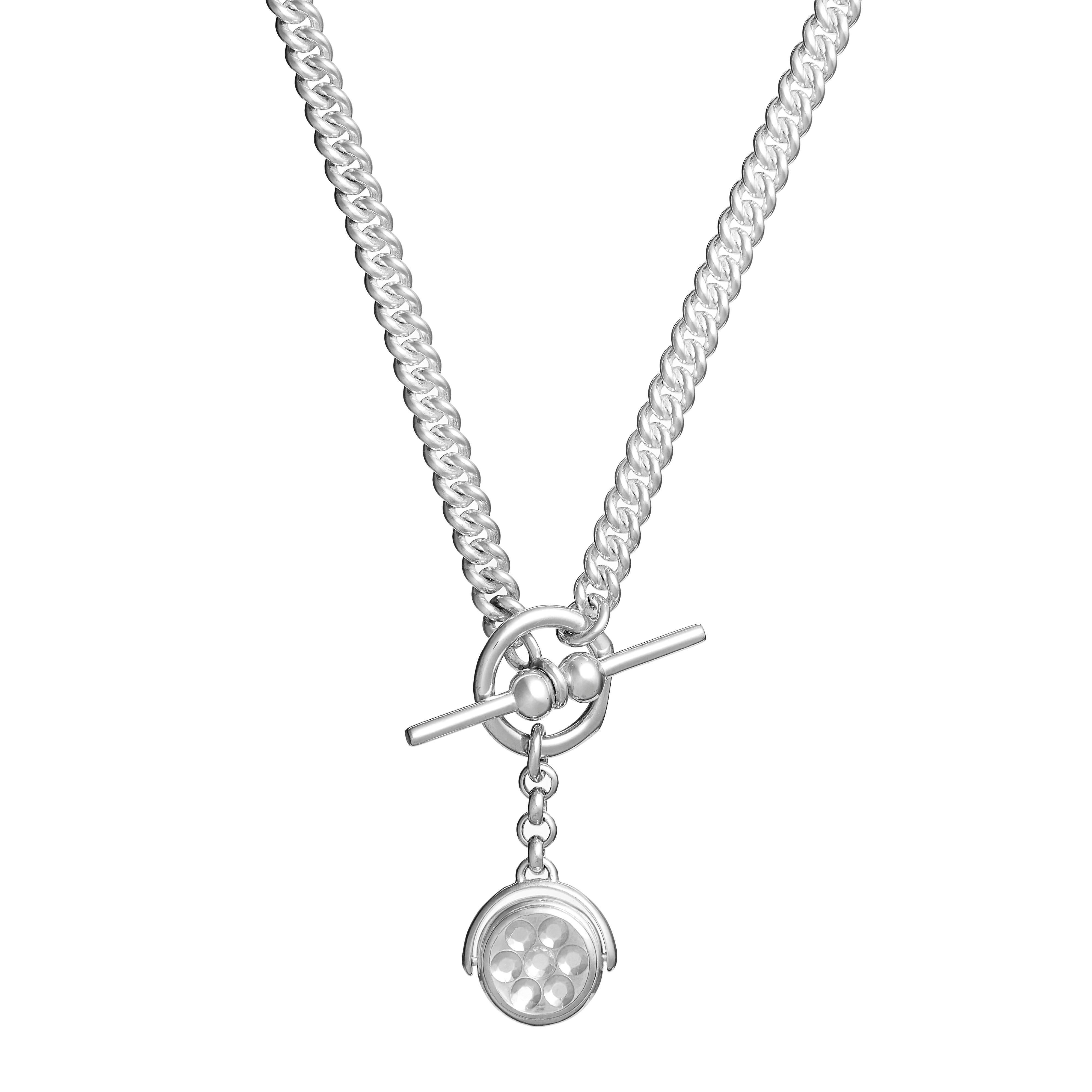 T-Bar Clasp Rotating Signet Silver Curb Chain Pendant Necklace For Sale
