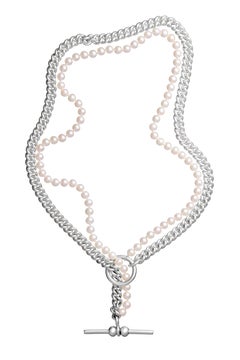 Silver Curb Chain Knotted Pearl T-Bar Clasp Choker Necklace