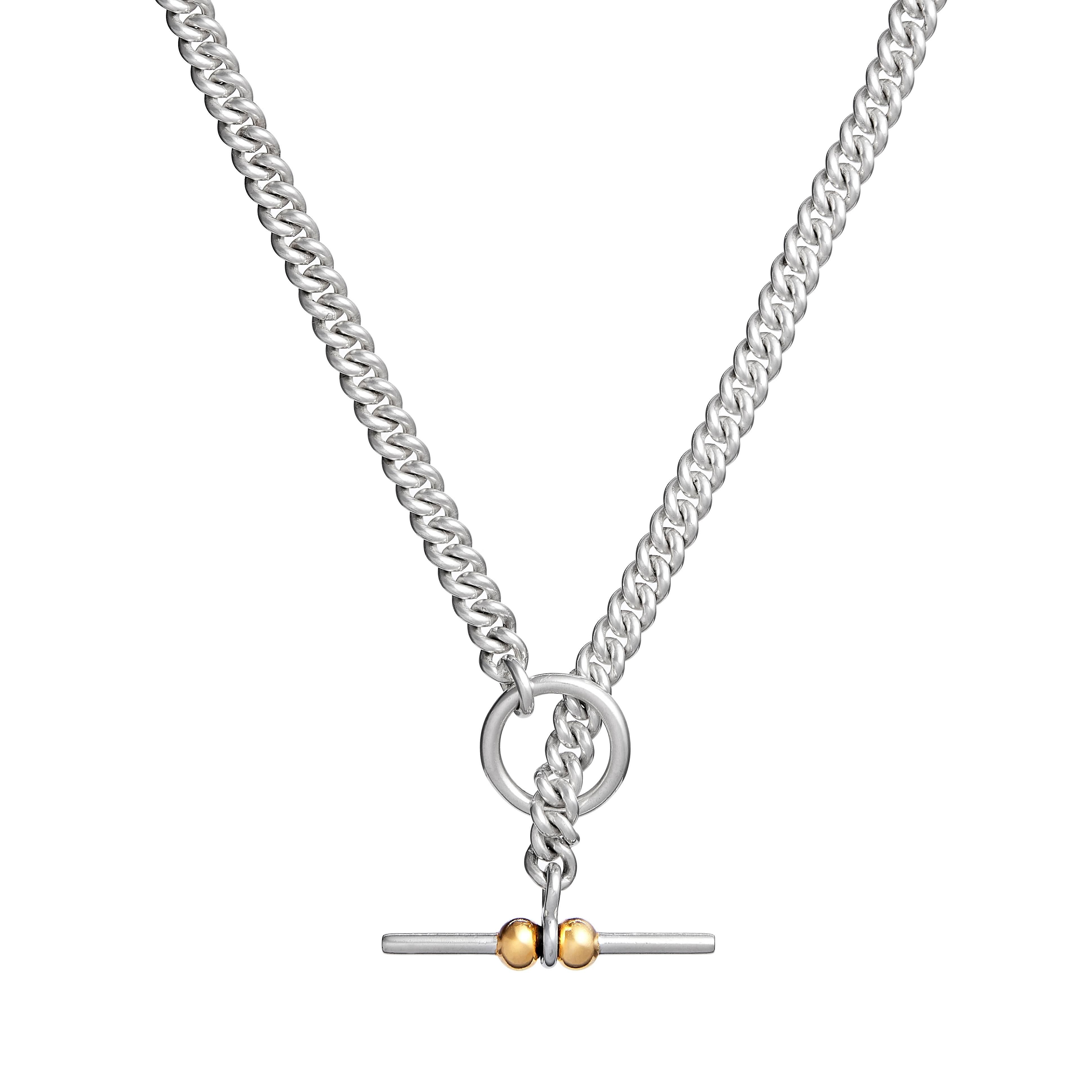 Ballz T-Bar Heavy Silver Curb Chain with Vermeil T-Bar Clasp Necklace  For Sale