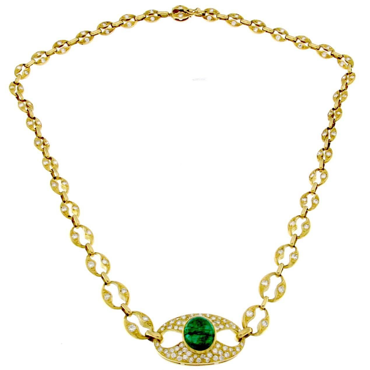 18 Karat Gold Emerald Necklace with White Diamonds For Sale