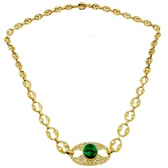 Retro 18 Karat Gold Emerald Necklace with White Diamonds