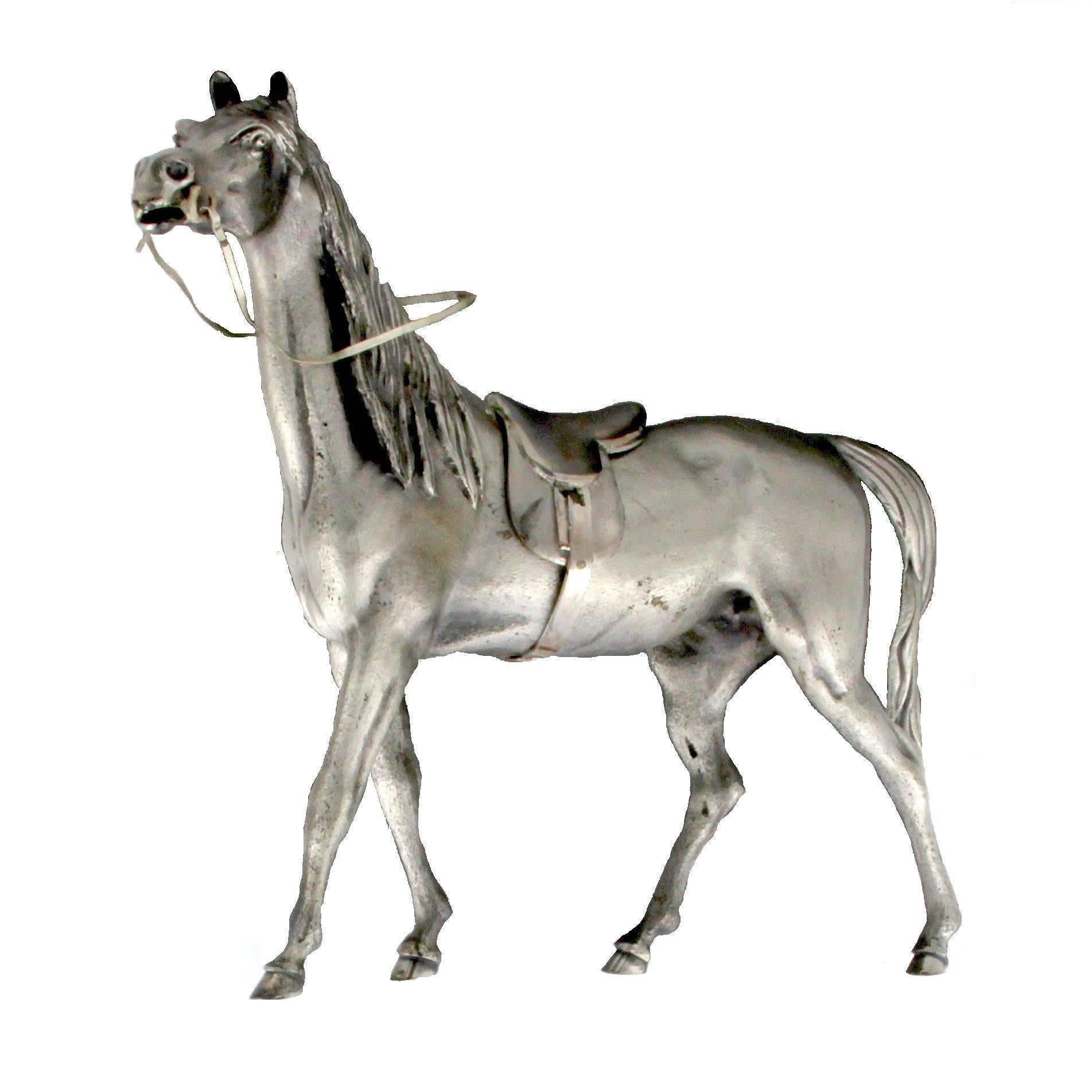 Sculpture Horse Saddled in Silver For Sale