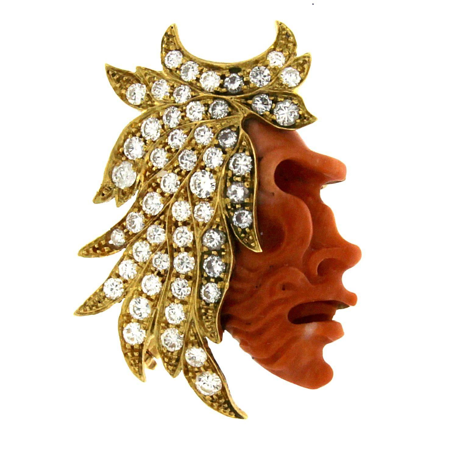 Coral Sculpture Face and Foliage in 18 Karat Yellow Gold with White Diamonds For Sale