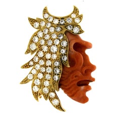 Coral Sculpture Face and Foliage in 18 Karat Yellow Gold with White Diamonds
