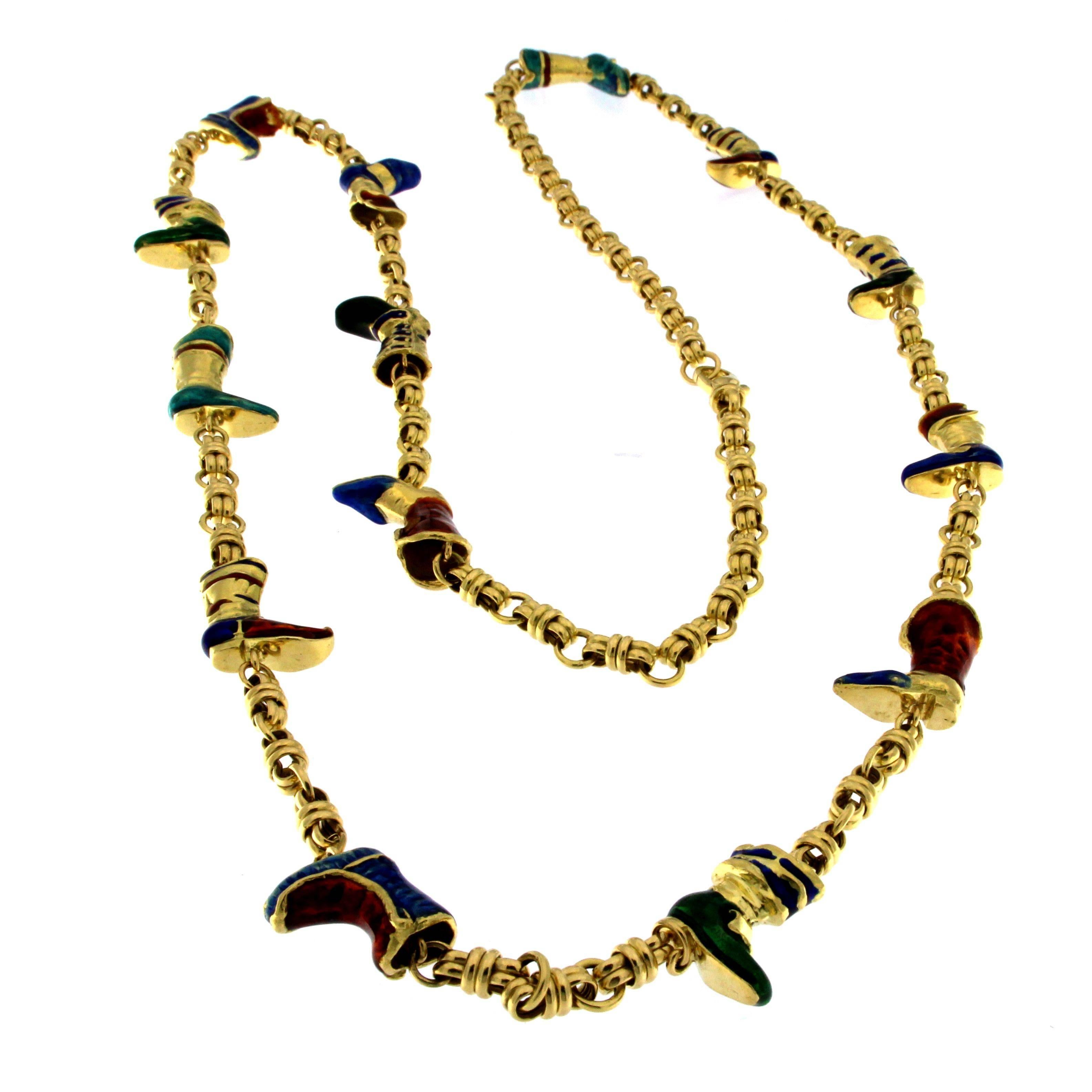 Long 18 Karat Yellow Gold Necklace with Enamelled Boots For Sale