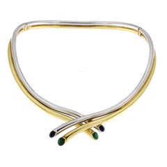 Two-Tone 18 Karat Gold Rigid Necklace with Sapphires and Emeralds