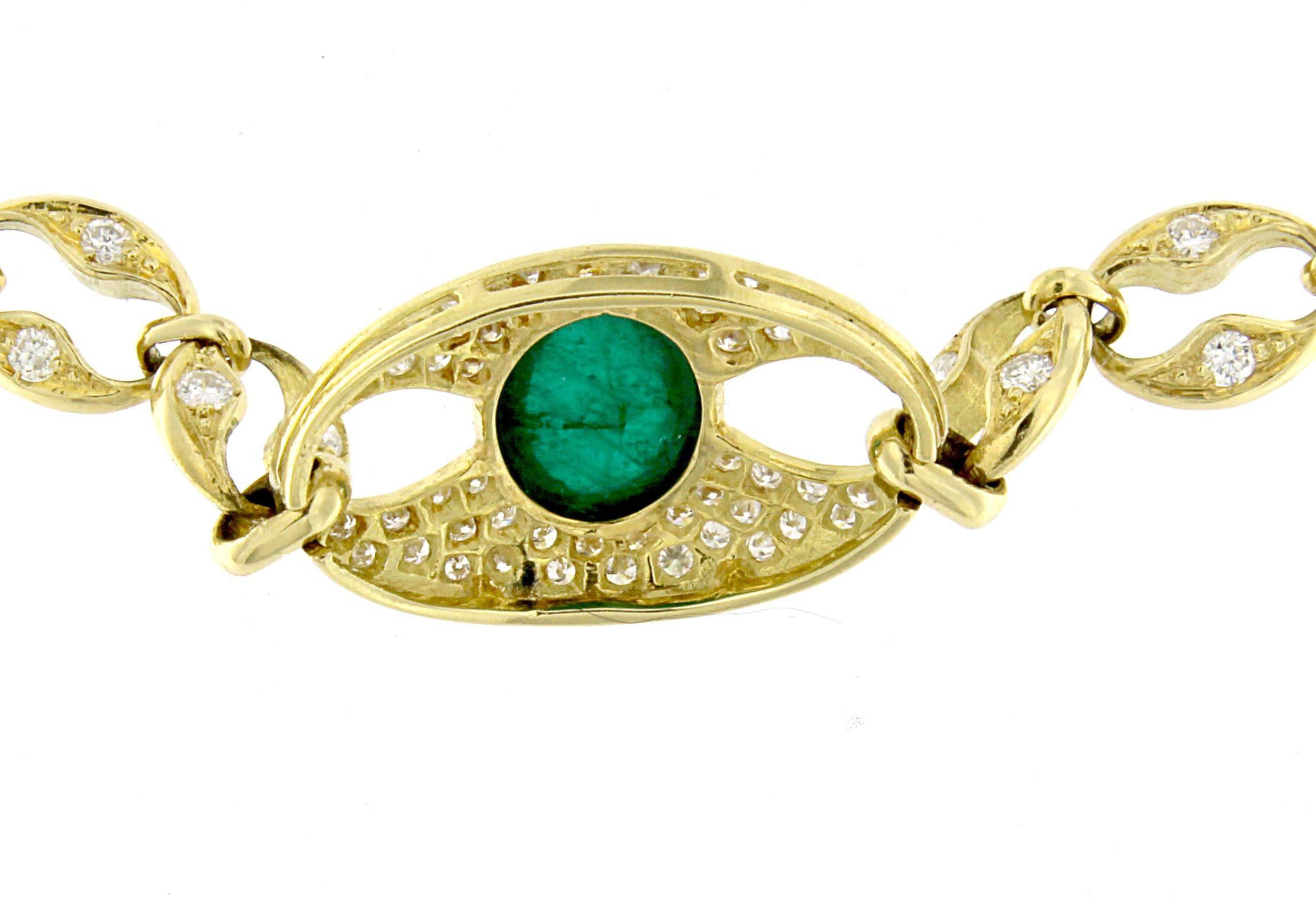 Art Deco 18 Karat Gold Emerald Necklace with White Diamonds For Sale