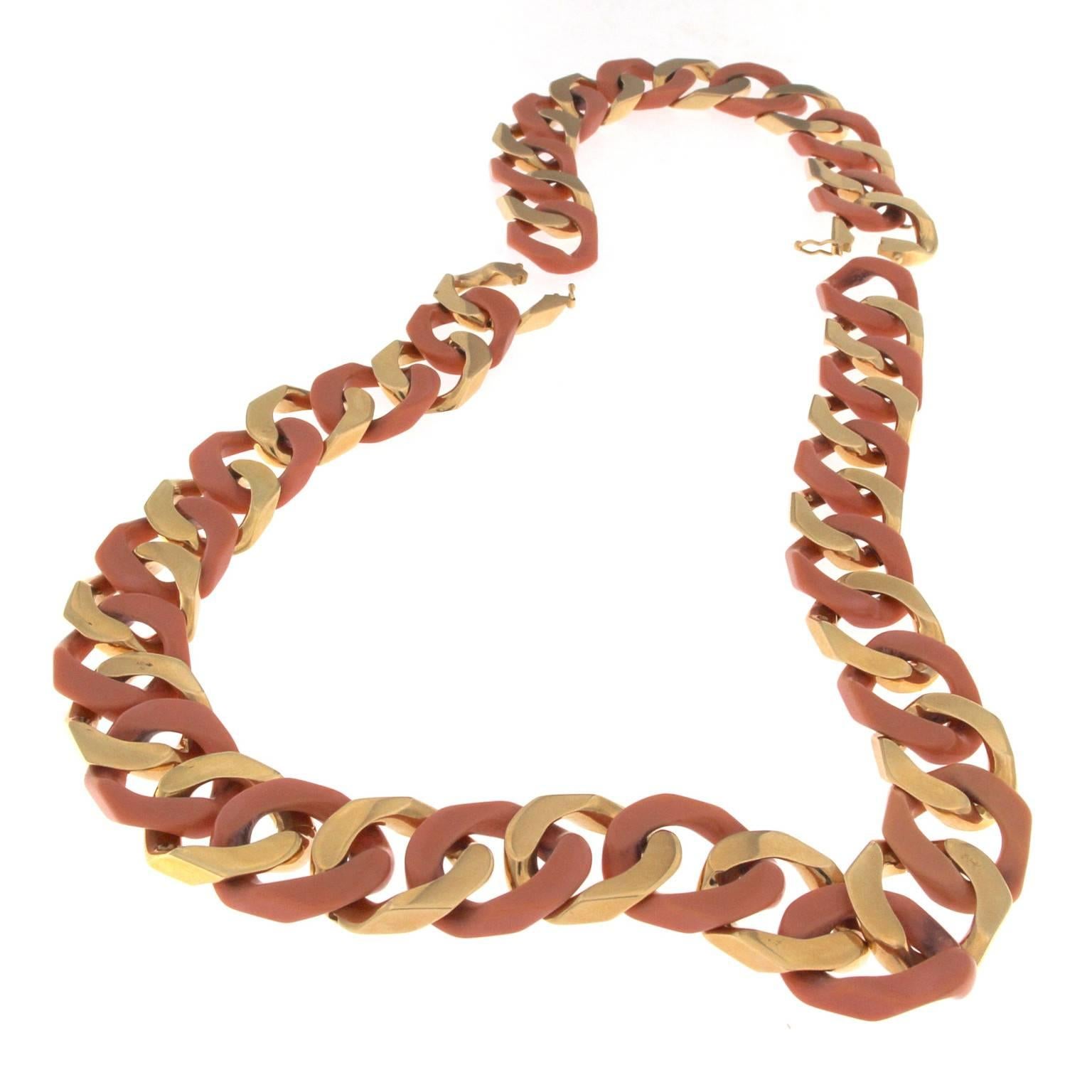 Women's Parure Necklace and Bracelet in Coral and Pink Gold Chain