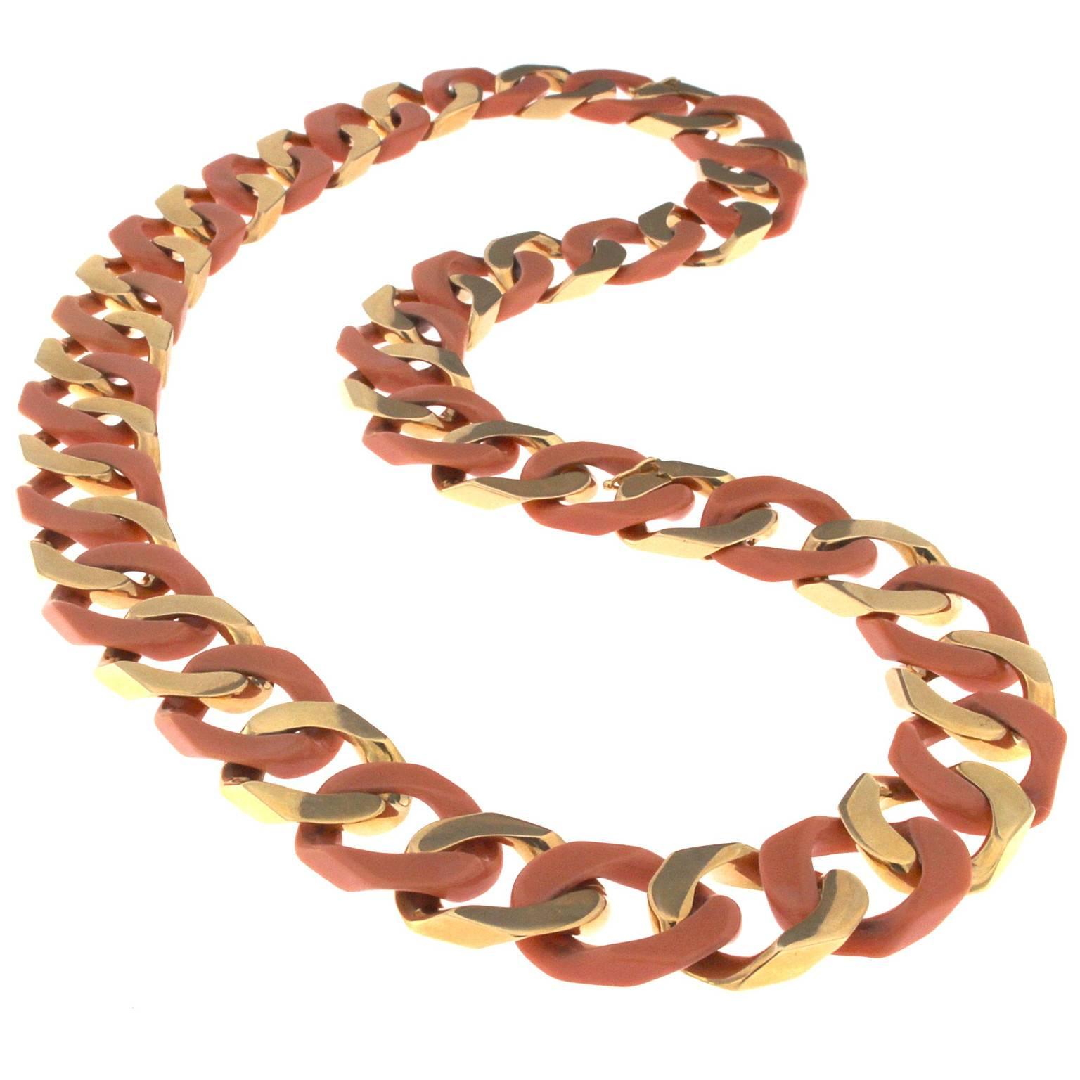 Parure Necklace and Bracelet in Coral and Pink Gold Chain 1