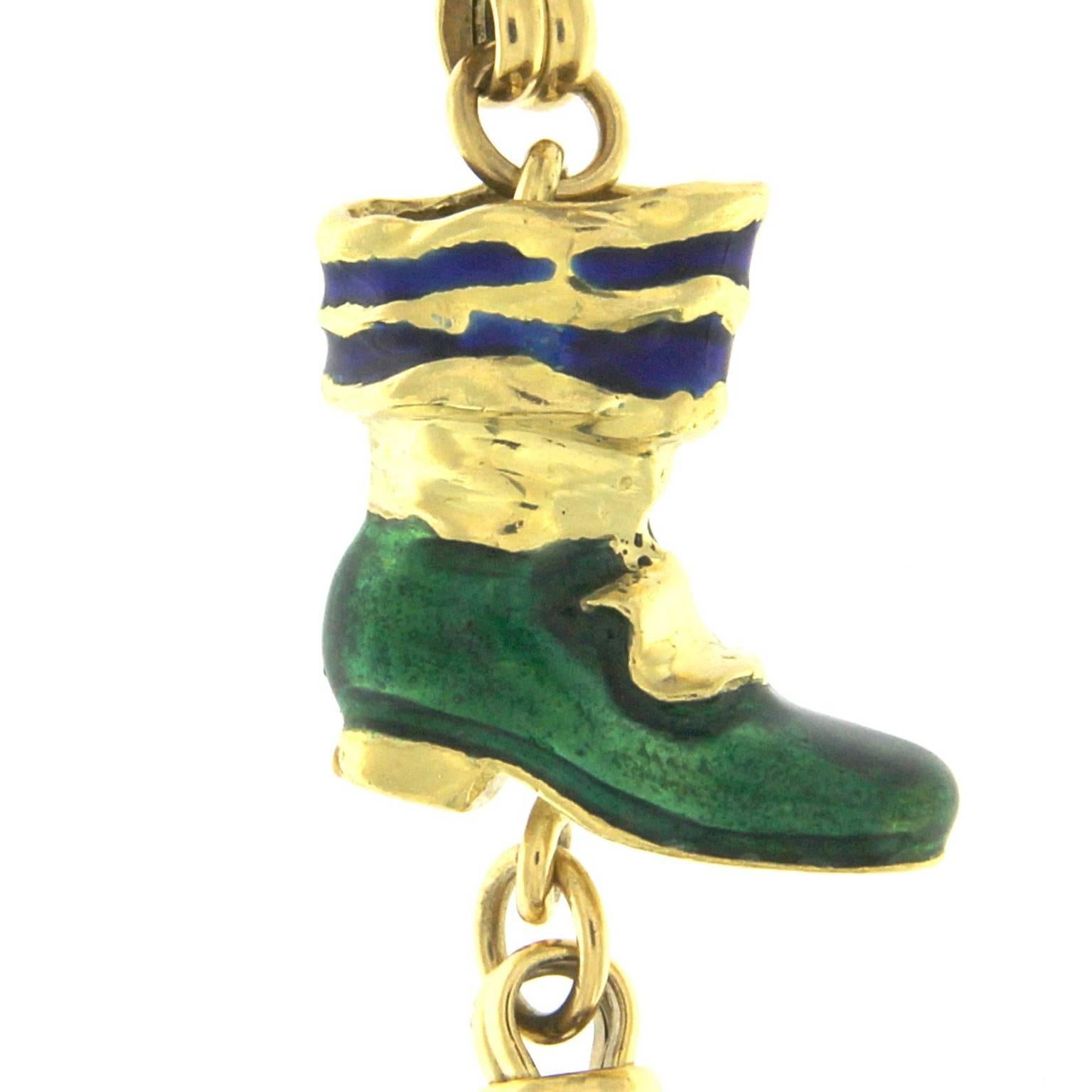 Long 18 Karat Yellow Gold Necklace with Enamelled Boots For Sale 1