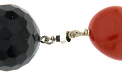 Red Coral and Onyx White Gold Earrings