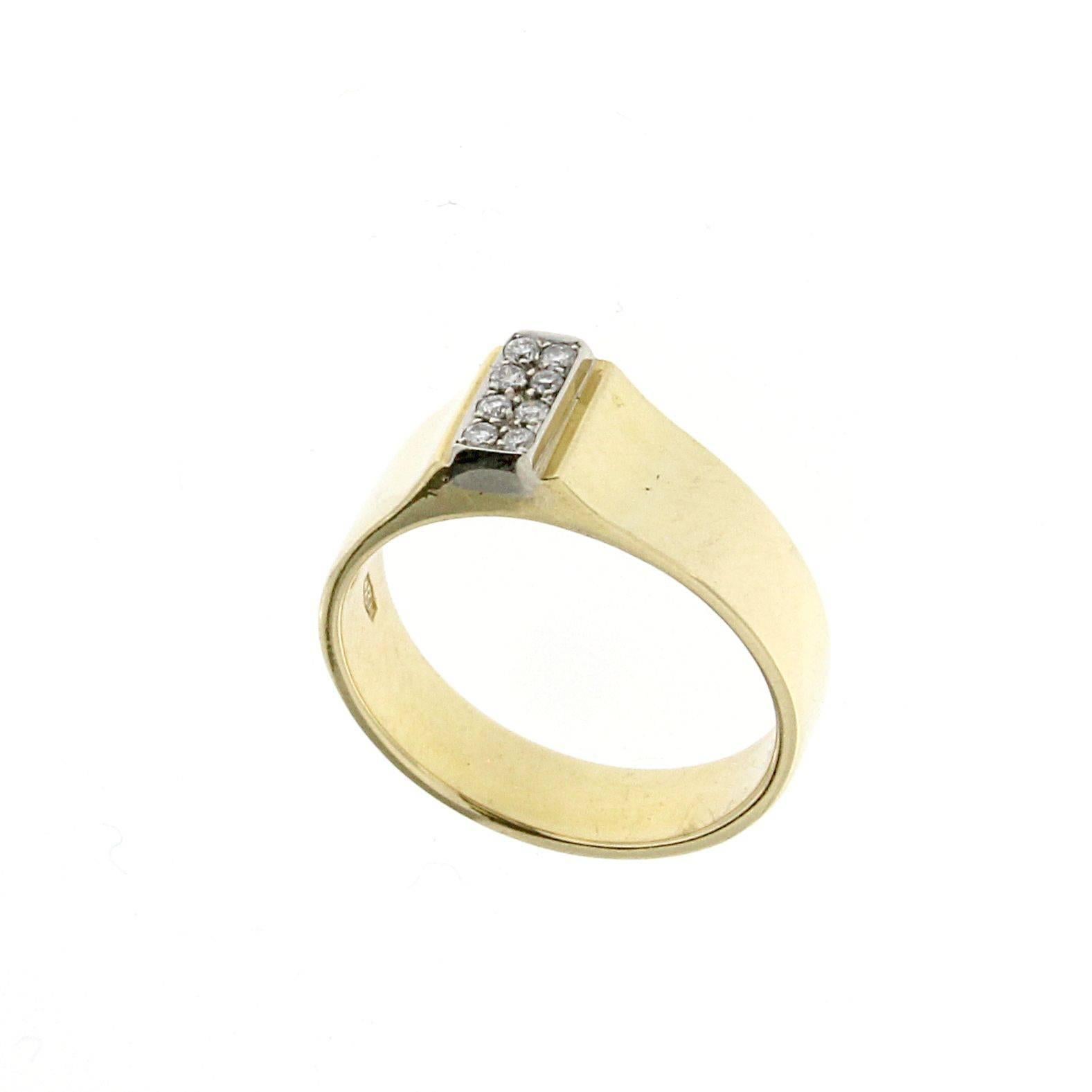 18kt yellow and white gold ring set with diamonds of refined workmanship were embedded
Very rigorous design and clean lines
8 White ESO Diamonds total of CT 0.10
Gold weight 18 kt gr 8.50
Stamp 750