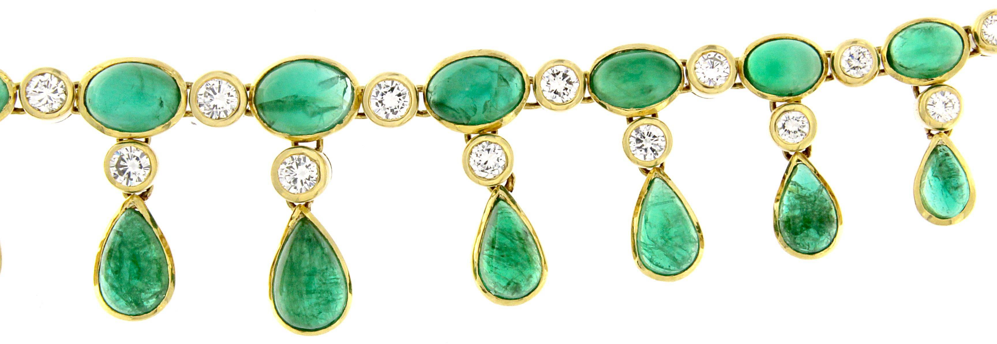 Indulge in the unparalleled elegance of this extraordinary 18 karat gold necklace, adorned with a spectacular array of emeralds and white diamonds.

Features:
Material: 18 Karat Gold
Gemstones: Emeralds and White Diamonds
Diamond Cut: Round
Emerald