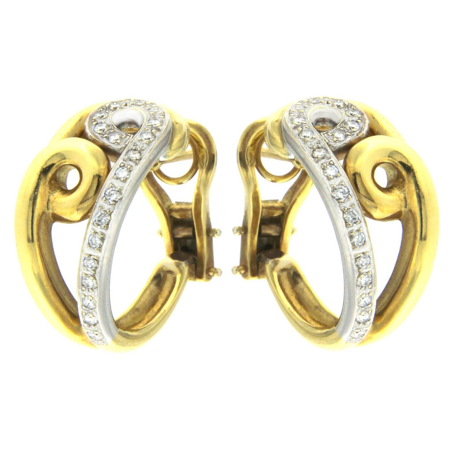 Hoop Earrings in Yellow and White Gold with Diamonds For Sale