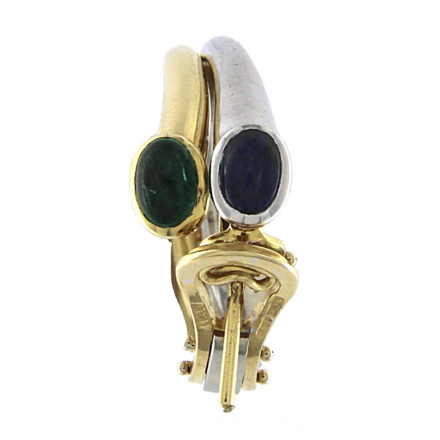Women's or Men's Yellow and White Gold 18 Karat Earrings with Sapphires and Emeralds