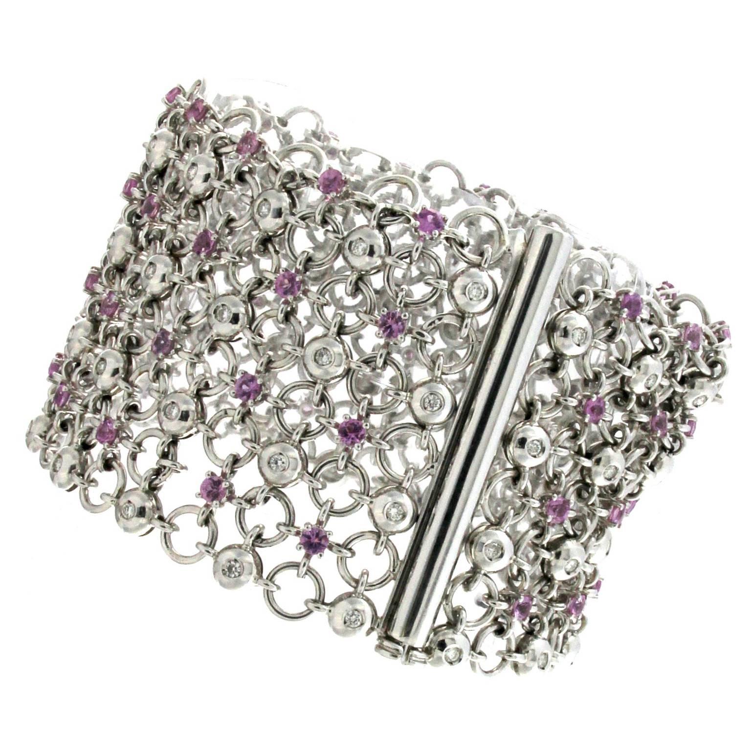 Brilliant Cut Pink Sapphire and Diamond White Gold 18 Karat Bracelet For Sale