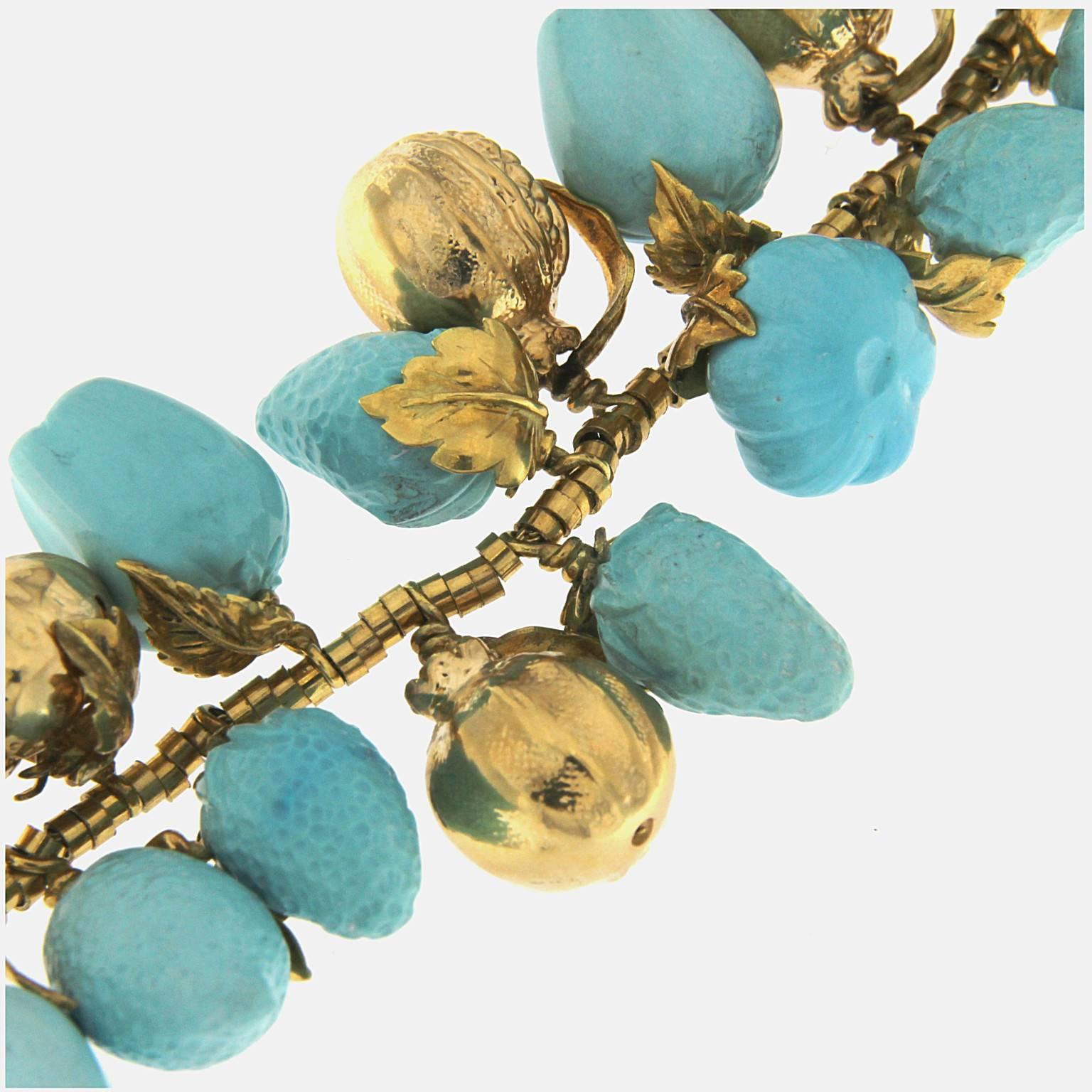 Turquoise and 18 Karat Yellow Gold Fruit Necklace In New Condition For Sale In Milano, Lombardia