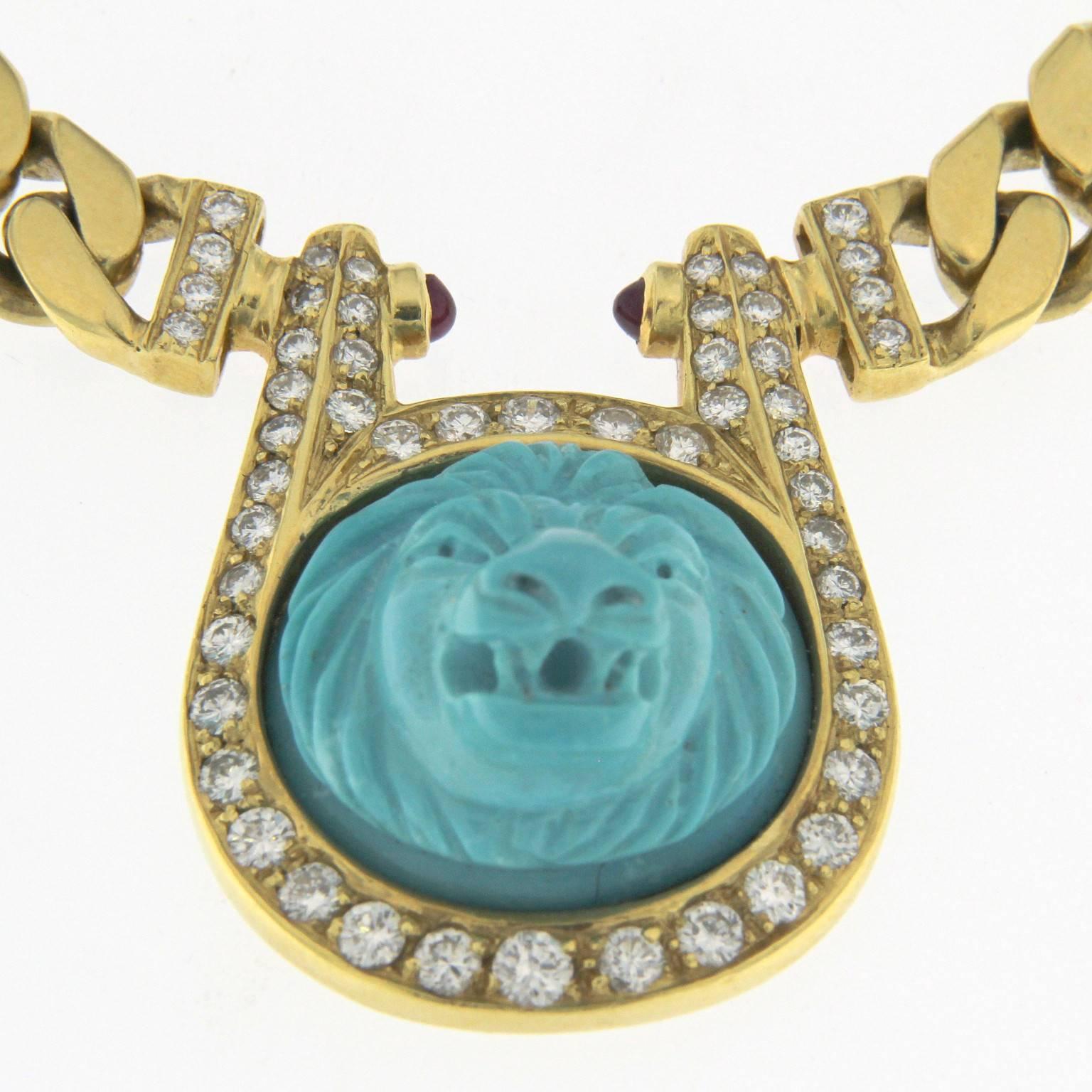 Etruscan Revival 18 Karat Gold Necklace and Earrings with Lion Turquoise, Diamonds, and Rubies For Sale