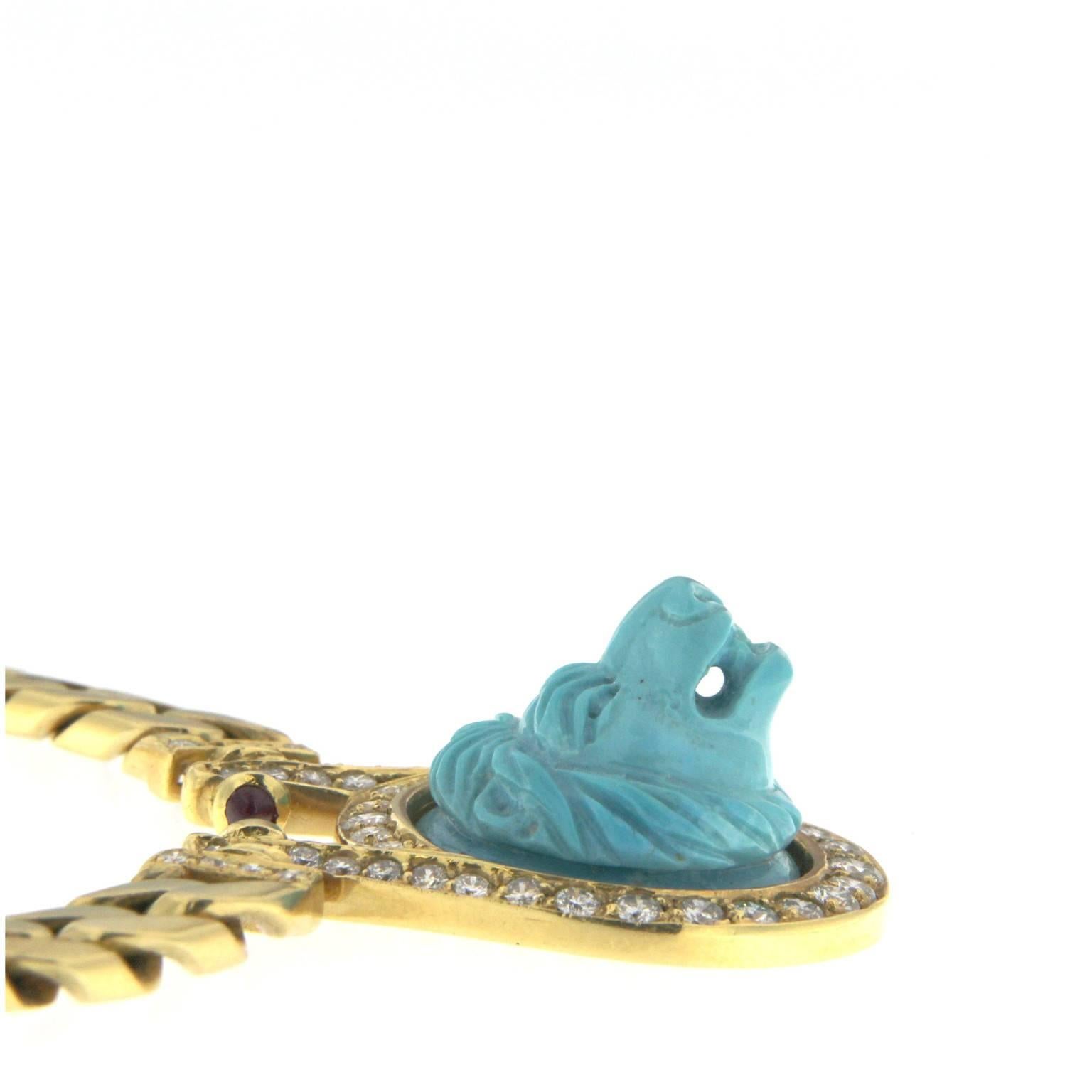 Taille mixte Turquoise centrale et diamants lion  dans un collier et des boucles d'oreilles en or 18 carats en vente