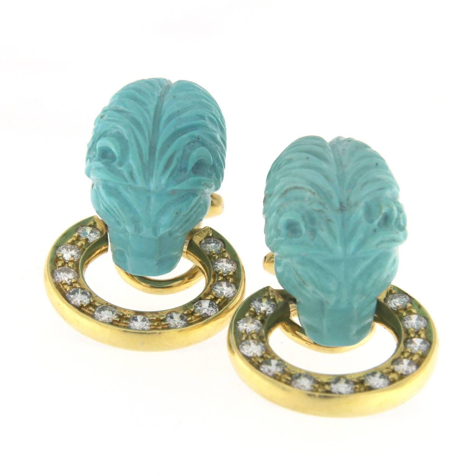 Women's 18 Karat Gold Necklace and Earrings with Lion Turquoise, Diamonds, and Rubies For Sale