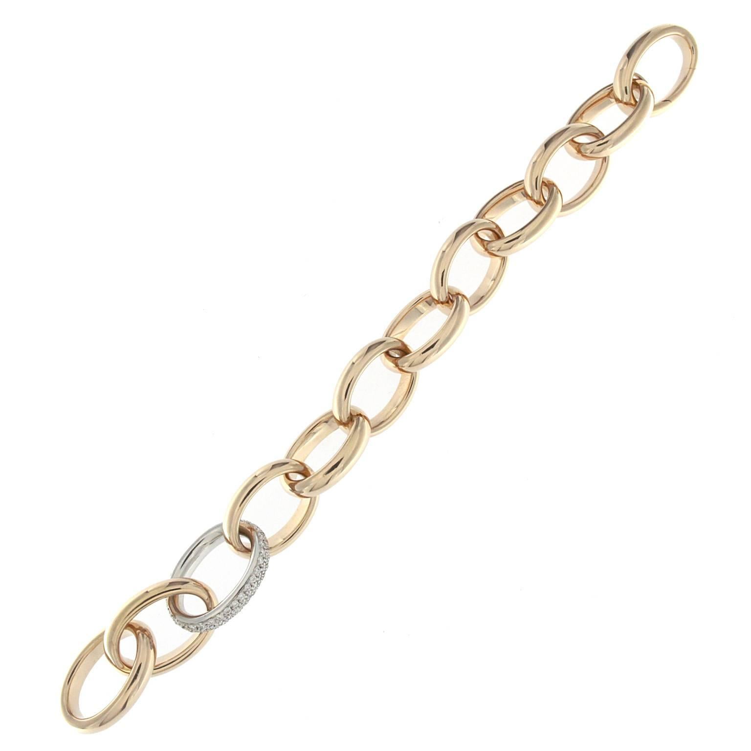 Forzatina bracelet in 18 kt pink gold and white diamonds 

The total lengh is 21.00 cm
the total weight of the gold is 31.80
the total weight of the diamonds is ct 1.2 (color HG clarity VVS1)
STAMP: 10 MI ITALY 750

