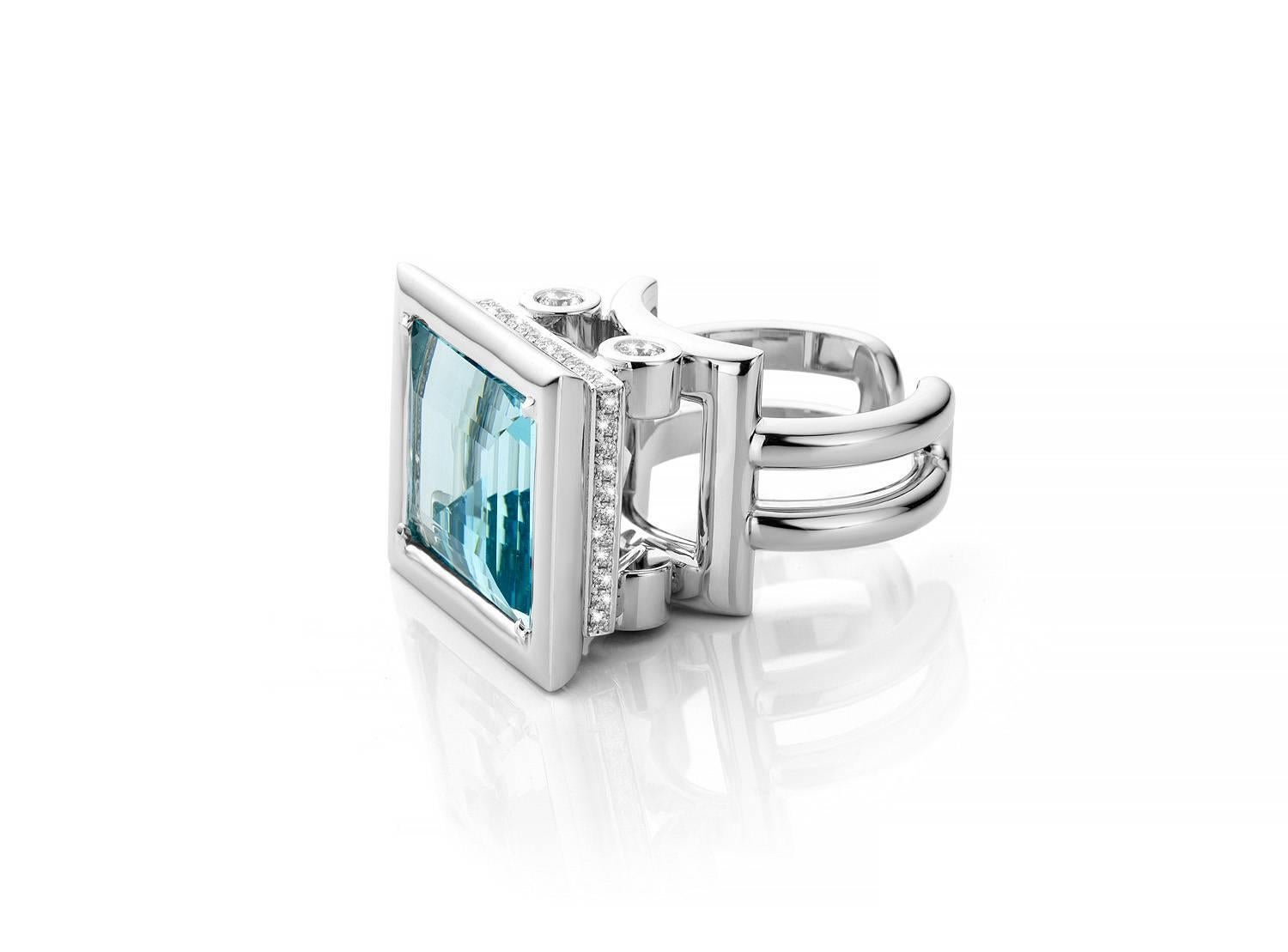 Contemporary Jochen Leën Architect Aquamarine White Gold Diamond Cocktail Ring For Sale