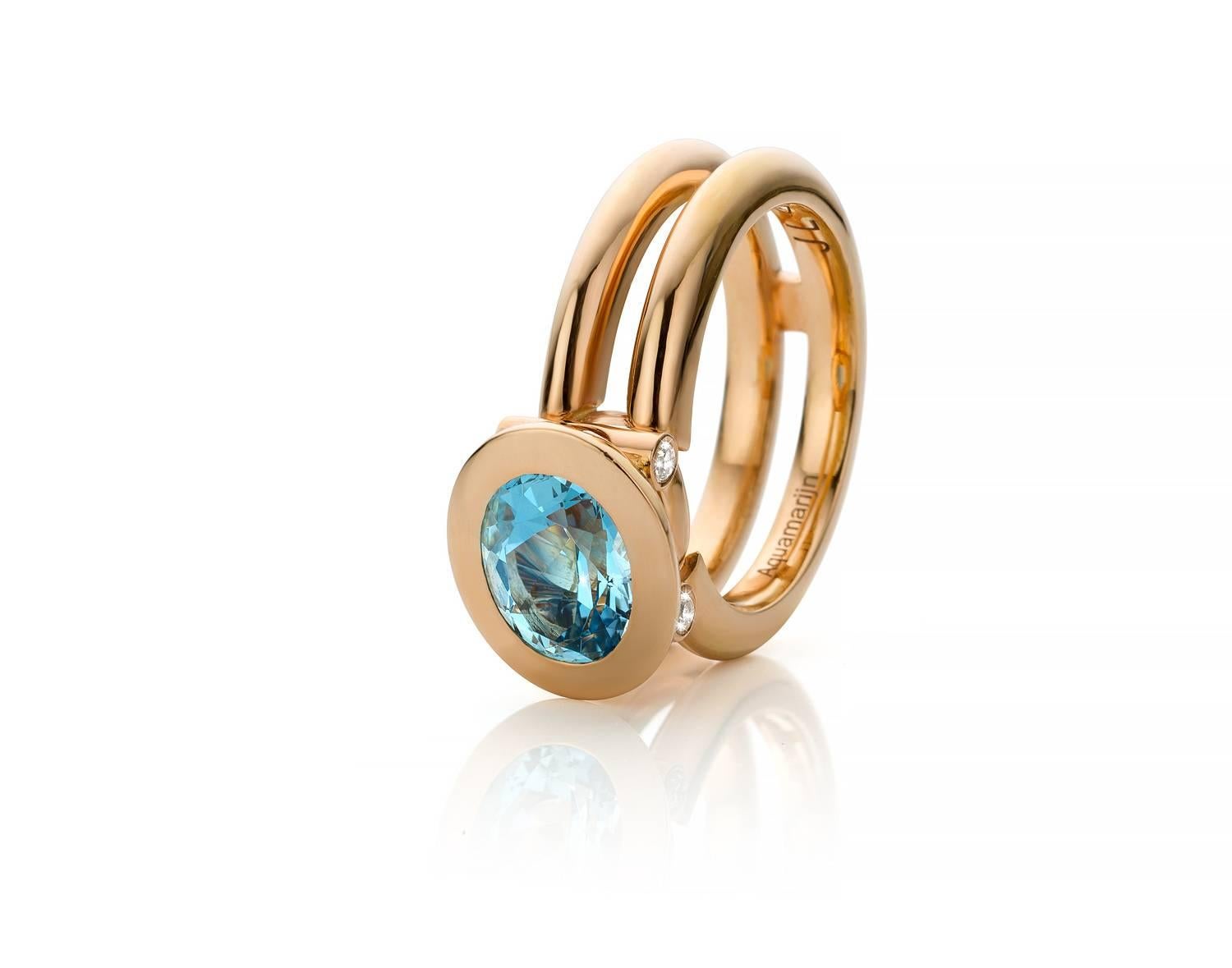 Diamonds :  Color G
                    Quality VS1
                    Weight 0,20 ct
Gemstone : Aquamarine 9 x 7 mm size

One of a kind rose gold ring, with a beautiful dark blue aquamarine. 

For the lover of quality. 