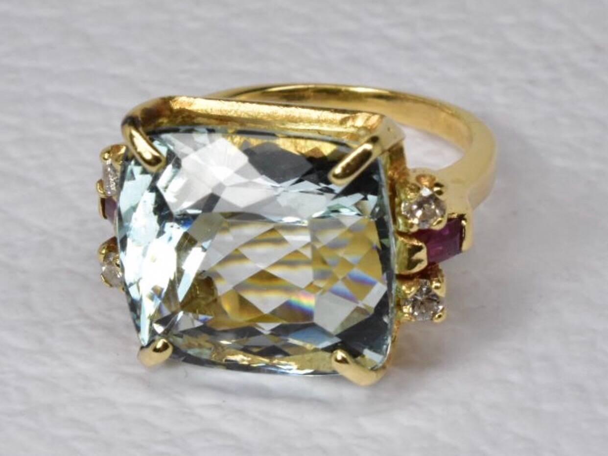 Contemporary Aquamarine Diamond and Ruby Ring