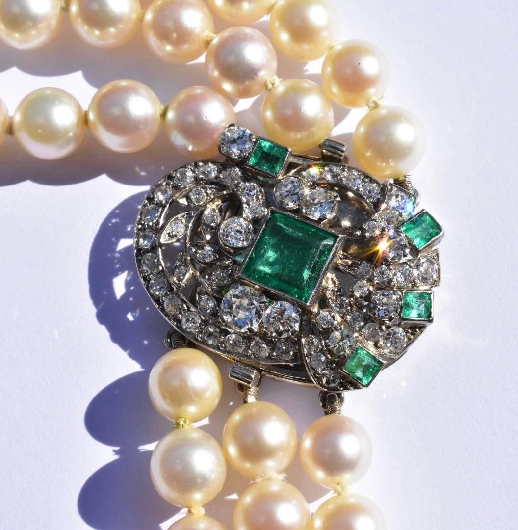 Art Deco Cultured Pearl Necklace with Emerald and Diamond Clasp