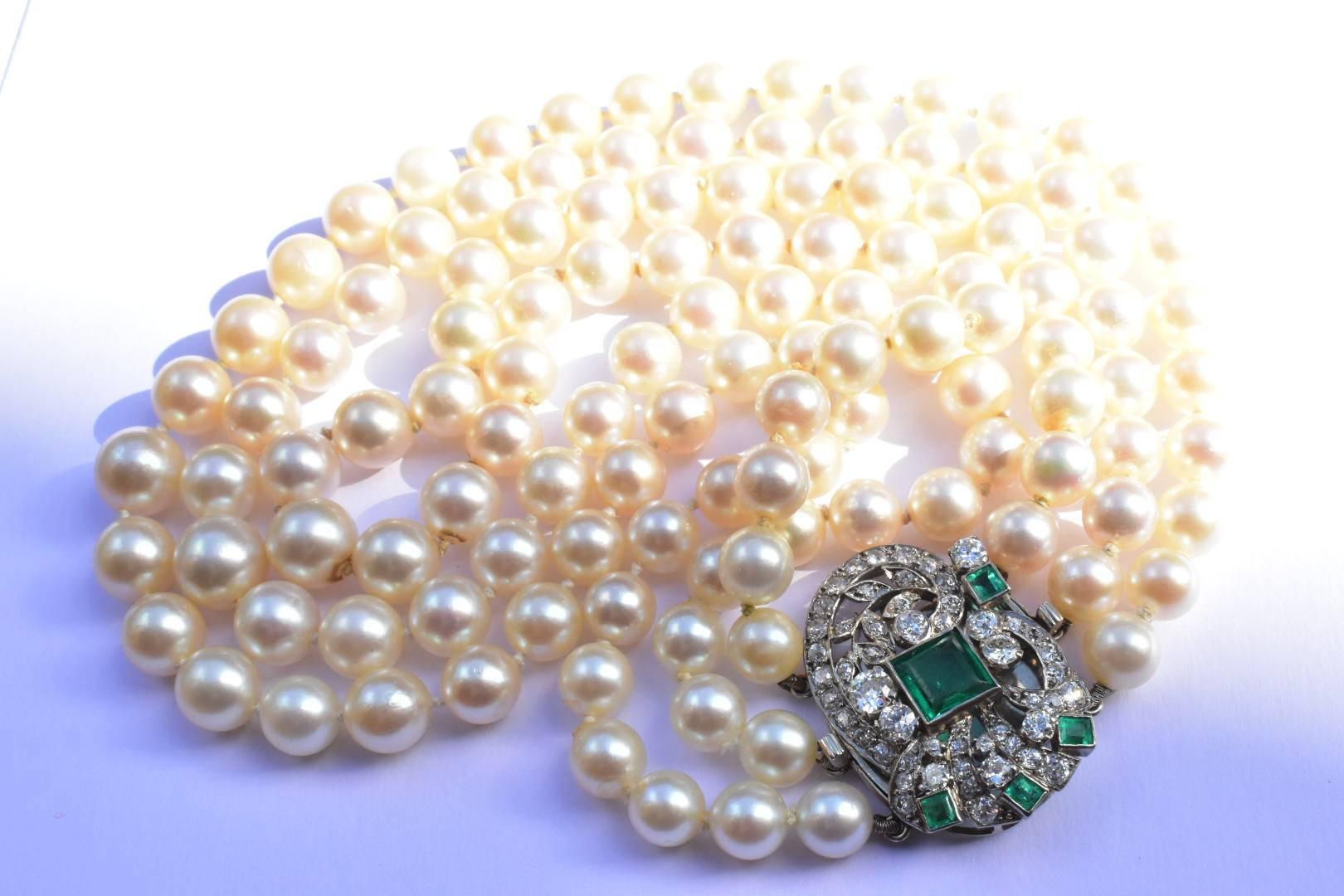 Women's Cultured Pearl Necklace with Emerald and Diamond Clasp