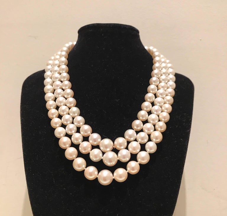 Cultured Pearl Necklace with Emerald and Diamond Clasp at 1stDibs