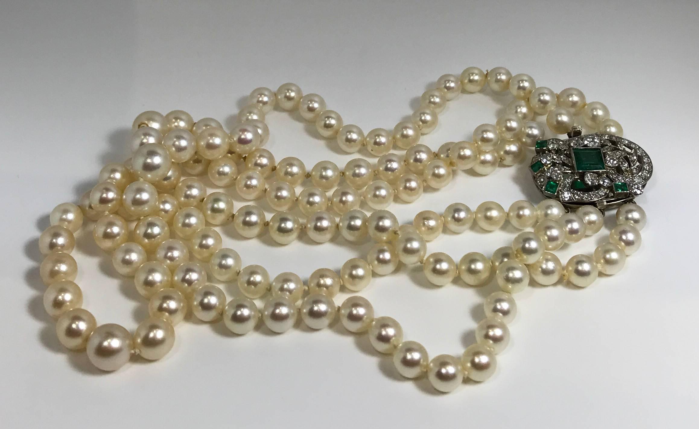 Cultured Pearl Necklace with Emerald and Diamond Clasp 4