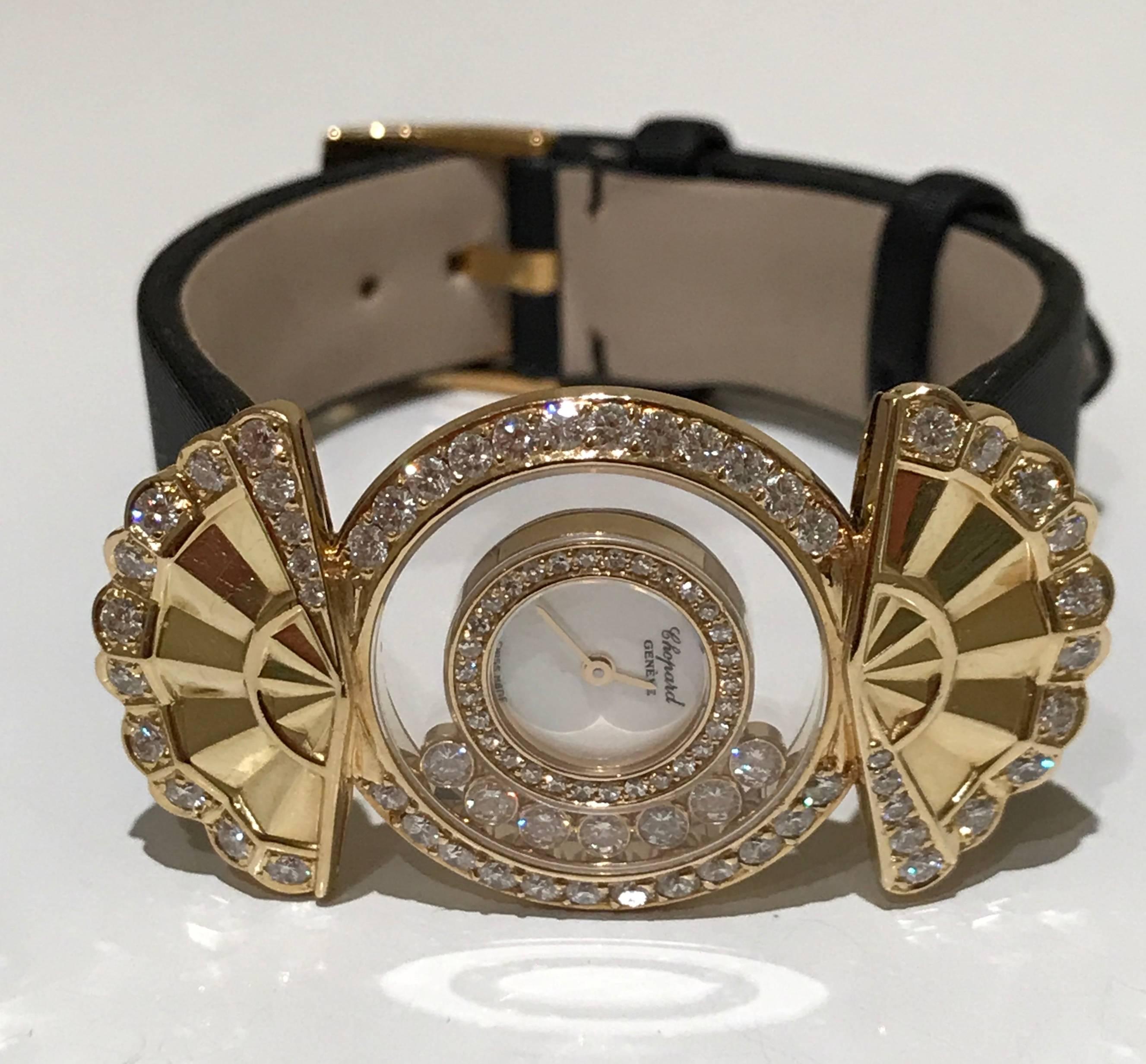 Women's Chopard yellow gold diamond mother of pearl dial Happy Diamond quartz Wristwatch