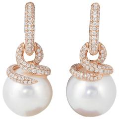 Rose Gold with South Sea Pearl and Diamond Drop Dangle Earrings