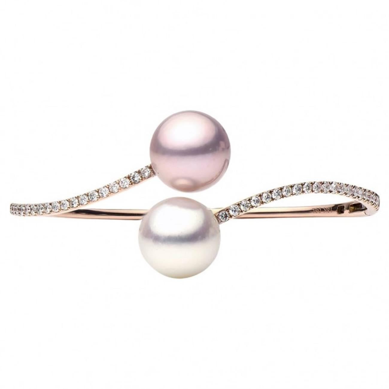 South Sea Pearl Diamond Bypass Bangle Bracelet 1.03 Carats 18K Rose Gold For Sale