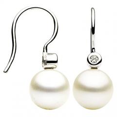 White Gold and Freshwater Pearl and Diamond Drop Earrings