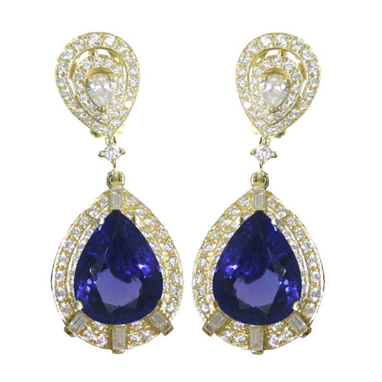 Pear Shape Tanzanite Diamond Gold Dangle Drop Earrings