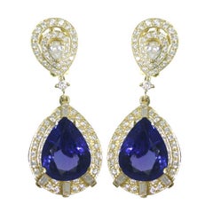 Pear Shape Tanzanite Diamond Gold Dangle Drop Earrings