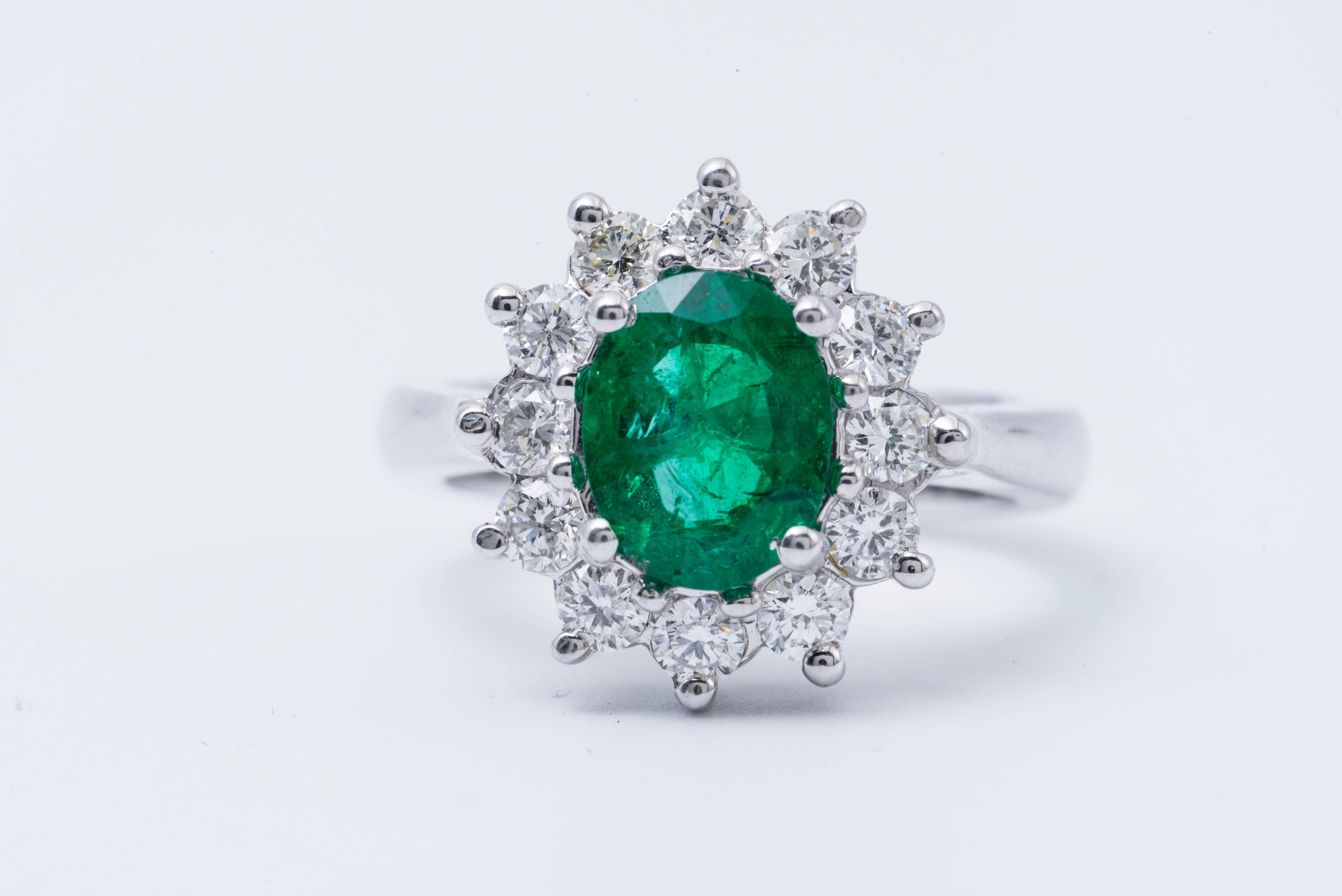 14 K white gold ring.
Emerald weight: 1.70 Carats  Size 9x7
Diamond Weight: 0.84 Cts.
its a classy timeless ring good for all your special occasions.All our Gemstones are genuine, and are sourced with the highest degree of integrity.
