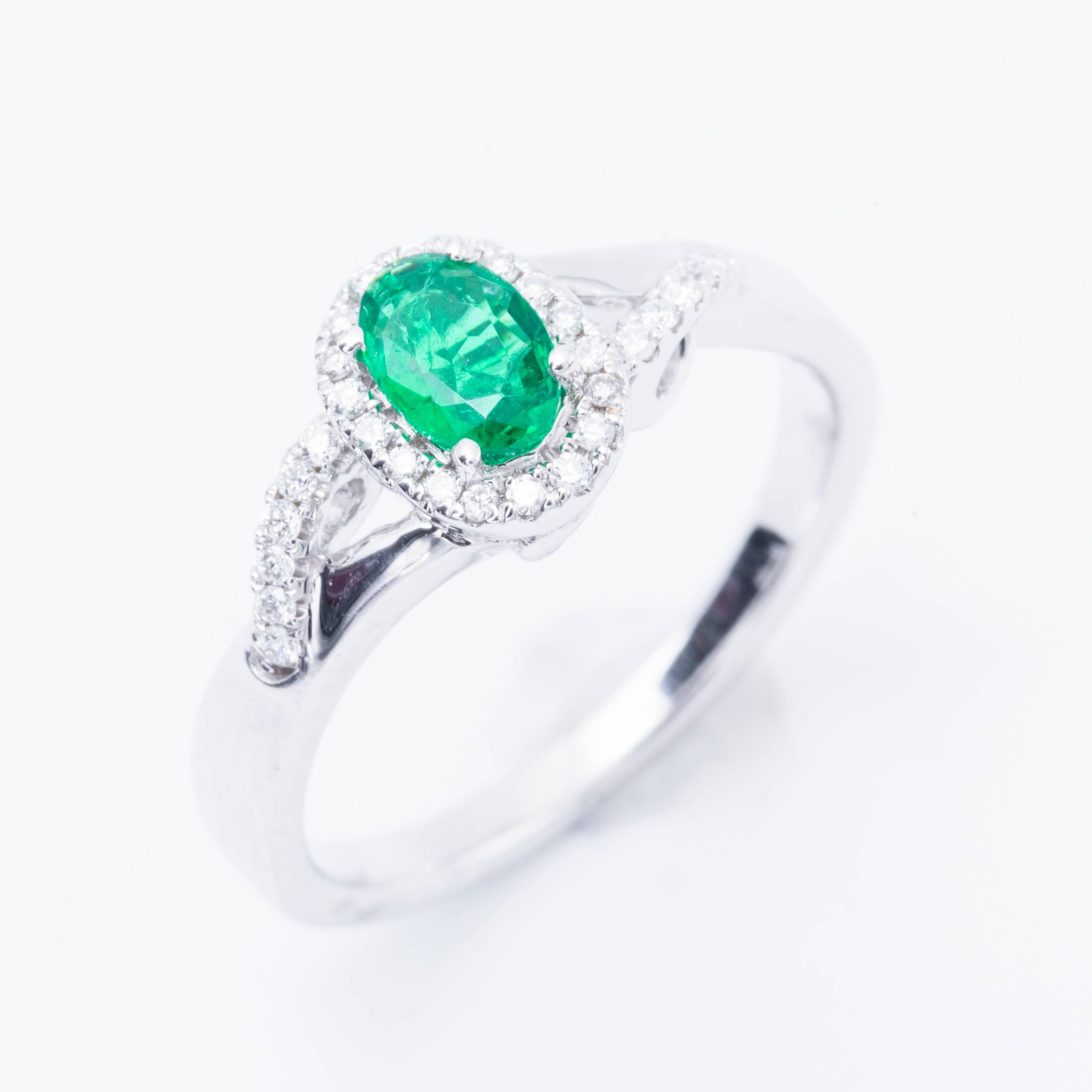 14 Karat white gold 
Emerald Weight: 0.43 cts. 6x4 mm
Diamonds Weight: 0.14 cts.
Beautiful very well made, classy and elegant.All our Gemstones are genuine, and are sourced with the highest degree of integrity.
